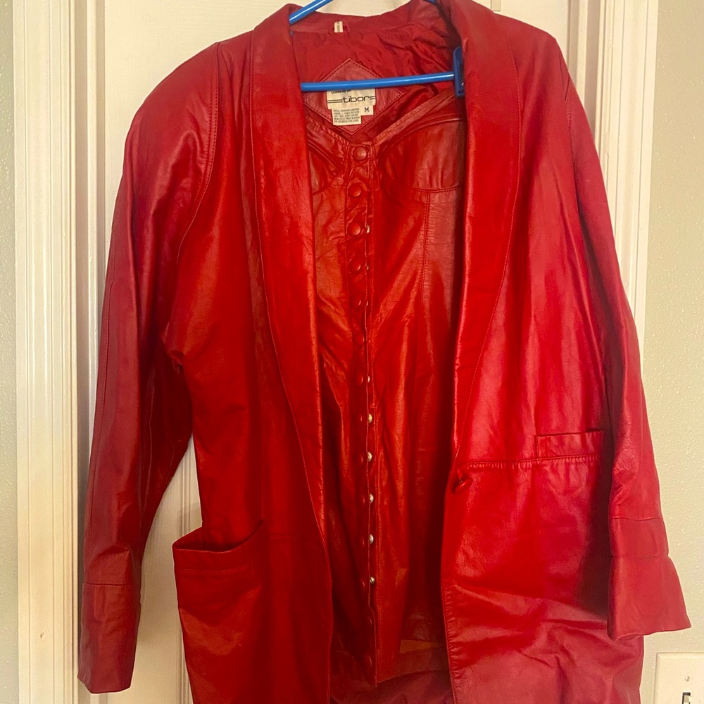 Vintage red leather strapless dress with matching leather coat real leather